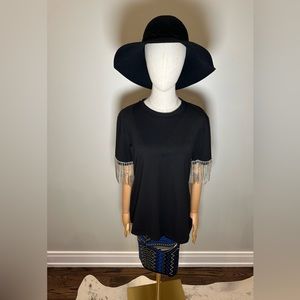 Akira top with very unique one of a kind details! Hanging fringe sparkly arms.